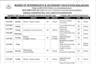 Matric Date Sheet 2021
